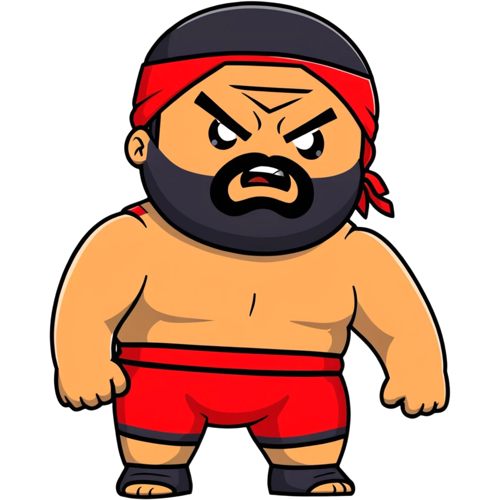 White skin fat guy with prominent black durag, black beard, black eyes in a red and black wrestling singlet with angry face emoji