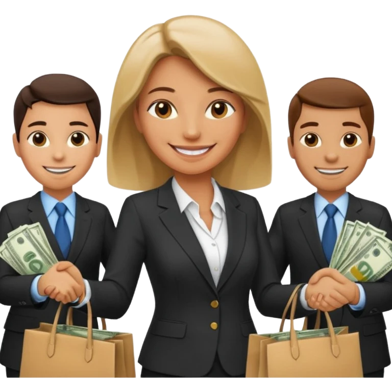 Девушка получает много денег и заключает выгодное сотрудничество. Она жмет руку коллегам разным и вокруг мешки денег  emoji
