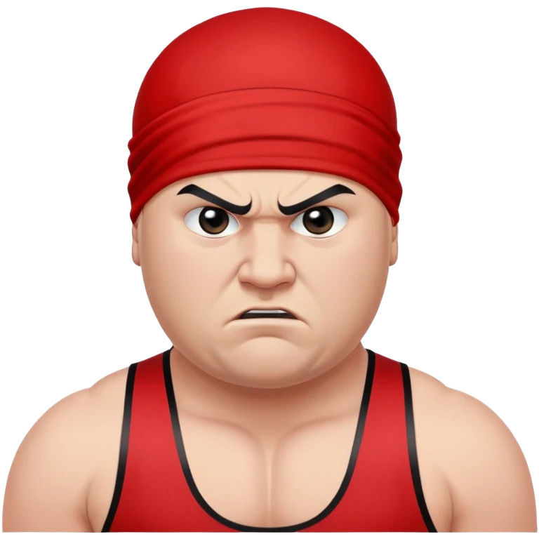 Close-up of white skin fat guy no muscle with prominent black durag, completely shaved face, no beard or mustache, black eyes in a red and black wrestling singlet with angry face emoji
