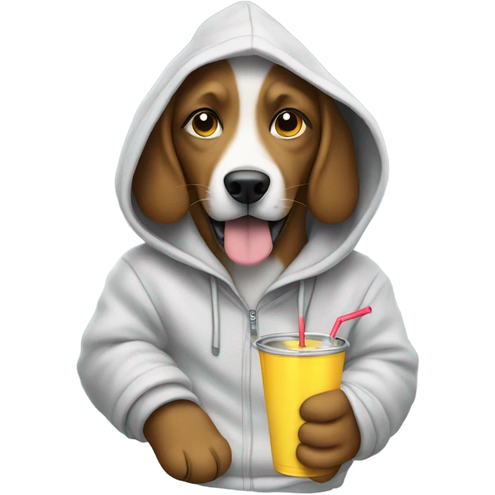Dog wearing a hoodie with a drink in its hand emoji