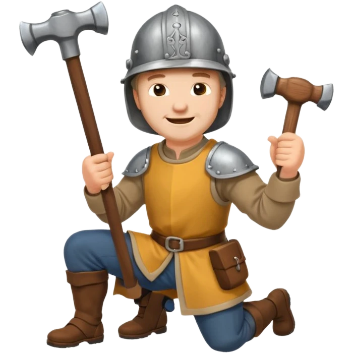 a happy medieval white man with a helmet kneeling and knocking with a hammer emoji