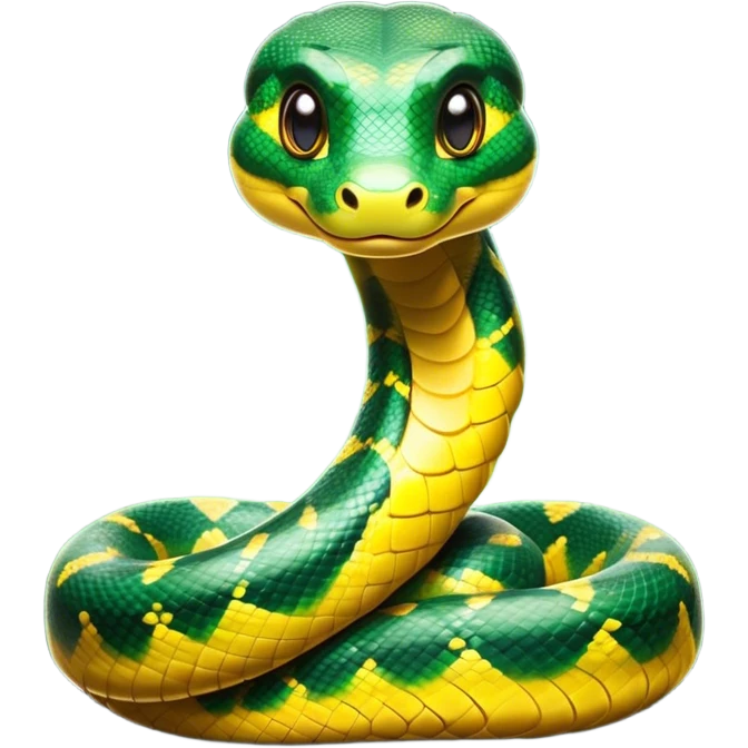 Cinematic Cute Anaconda Portrait Emoji, Head tilted playfully and inquisitively, with a sleek, shimmering body adorned with detailed scale patterns and round, sparkling eyes full of wonder, Simplified yet irresistibly adorable features, highly detailed, glowing with a warm, friendly jungle glow, high shine, affectionate and lively, stylized with a touch of whimsical reptilian charm, soft glowing outline, capturing the essence of a mischievous serpent that feels like it could slither out of the screen into your arms! emoji