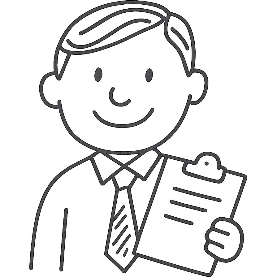 recruiter emoji, hand drawn black outline, smiling, holding a clipboard emoji