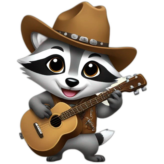 Raccoon with cowboy hat holding back tears and smiling and playing banjo emoji