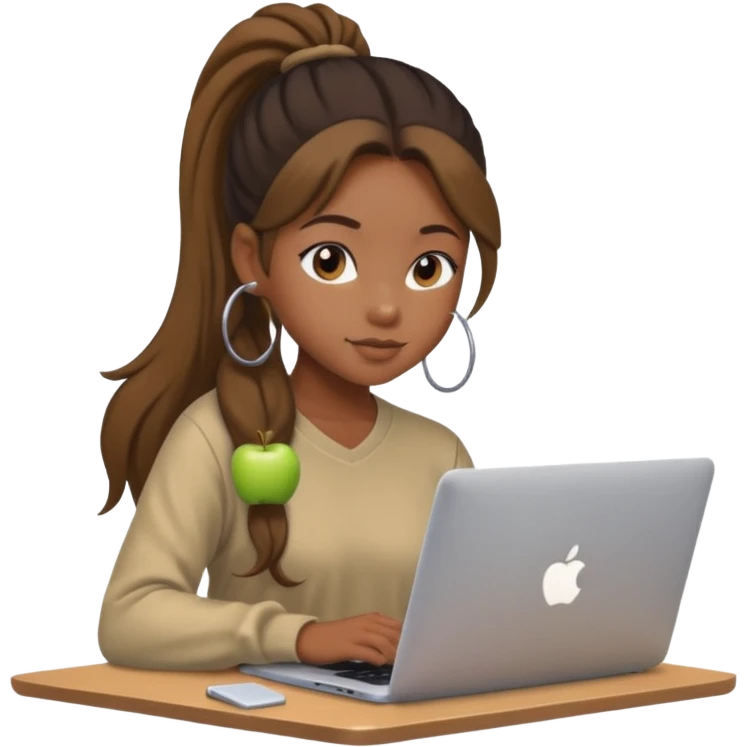 cute black girl with long hair in a ponytail, sitting at an Apple laptop, wearing soft aesthetic clothing emoji