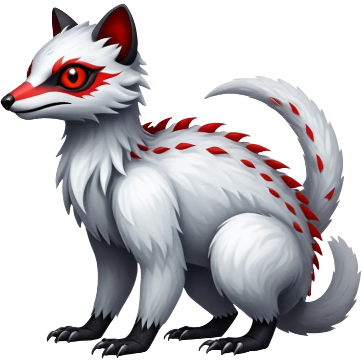 a white and silvery exotic edgy vernid-fionbr-Fakémon-creature, with black belly and red eyes, full body emoji