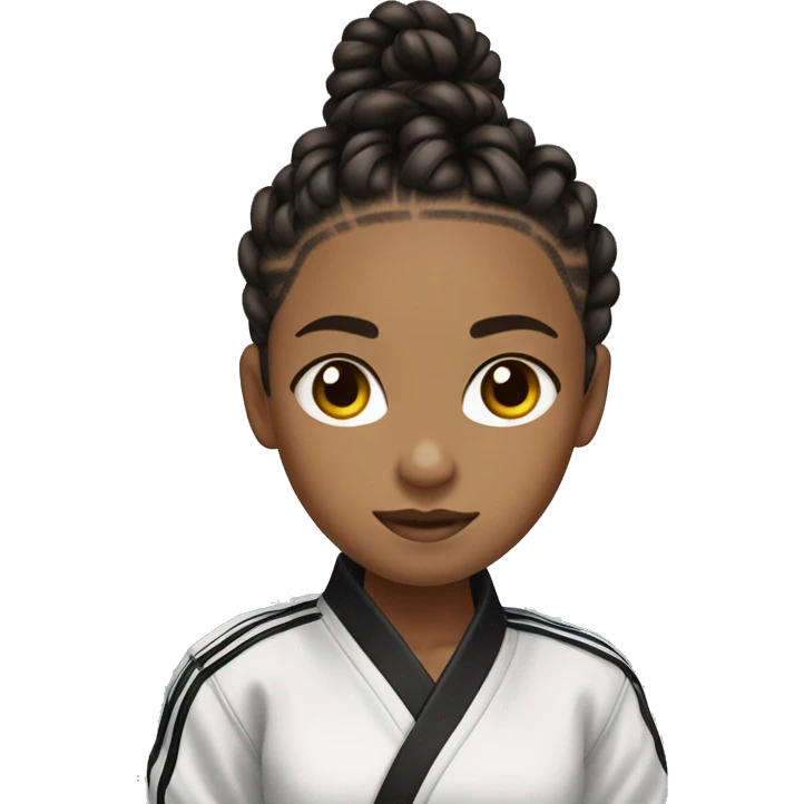 girl with african american braids that have curls on the end wearing a taekwondo jacket and a black belt. her braids should be tied into a high pointy tail and two curly strands in the front of her face, framing her face. emoji