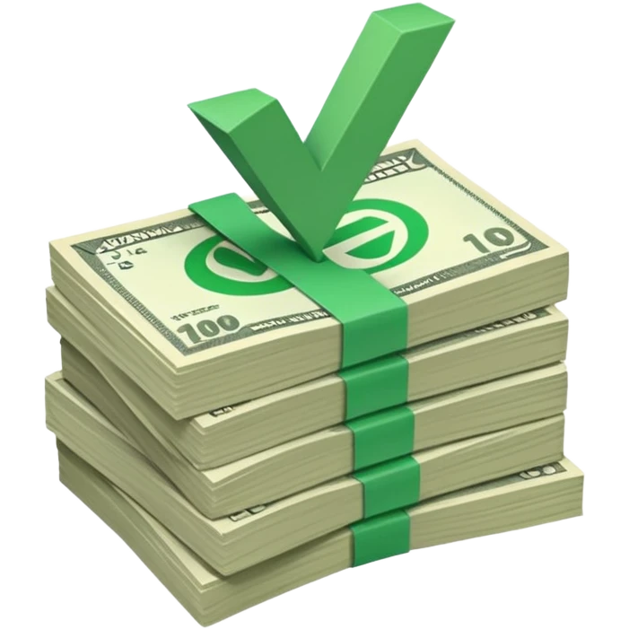 stack of bills facing up with green tick in the background emoji