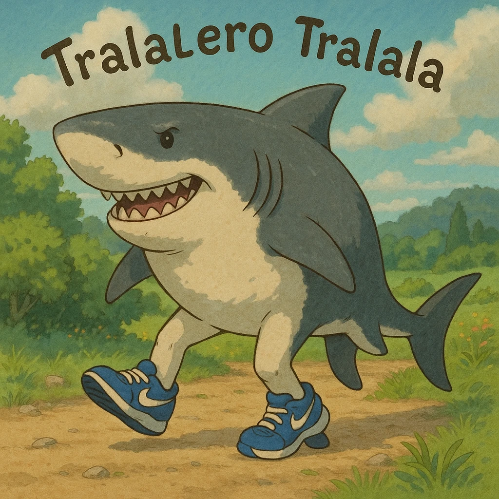Tralalero Tralala, an Italian Brainrot character: a great white shark with three legs, wearing blue Nike shoes, ghibli-inspired style emoji