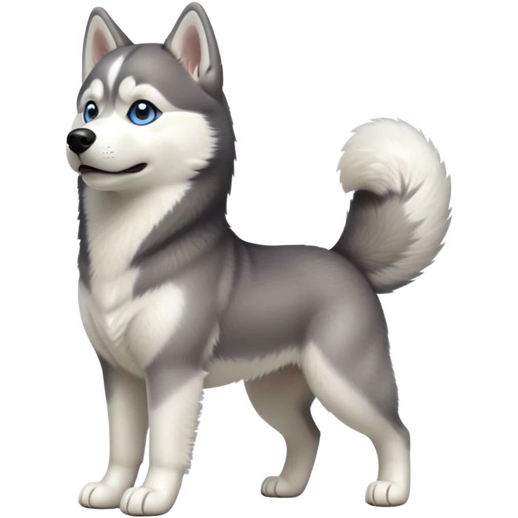cinematic-[siberian husky]-realistic-full-body-standing-emoji,-tail-resting-loosely-beside-its-paws,-head-tilted-dramatically, -fluffy-[grey and white]-fur,-simplified-yet-realistic-focused-features,-highly-detailed,-glowing-with-an-almost-sarcastic-glow emoji
