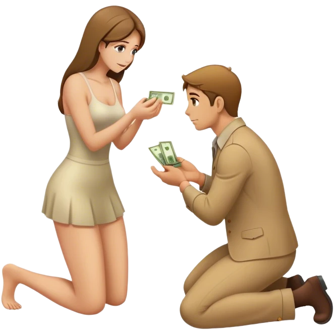 Man on knees facing woman handing her money emoji