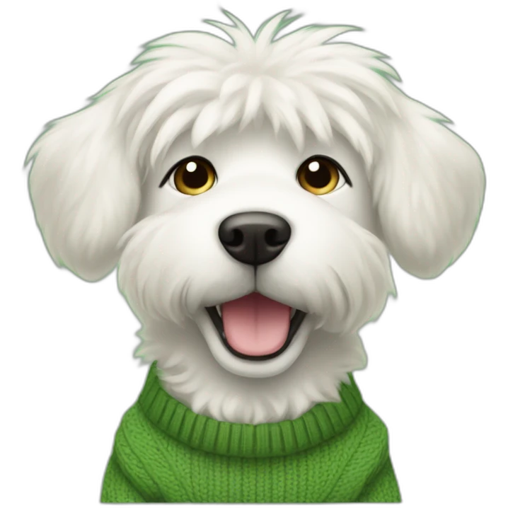 white fluffy dog with blonde ears wearing a green gap sweater emoji