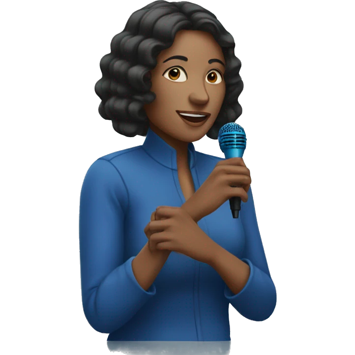 A woman with a blue mic doing thé v with her fingers emoji