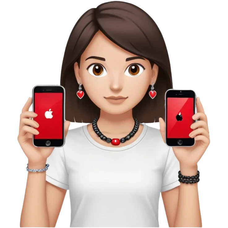 brunette girl with wavier medium length hair, brown eyes, light/medium skin tone, holding two phones - one iPhone and one plain black phone without Apple logo, wearing red Adidas t-shirt, simple silver hoop earrings, and a colorful beaded charm necklace emoji