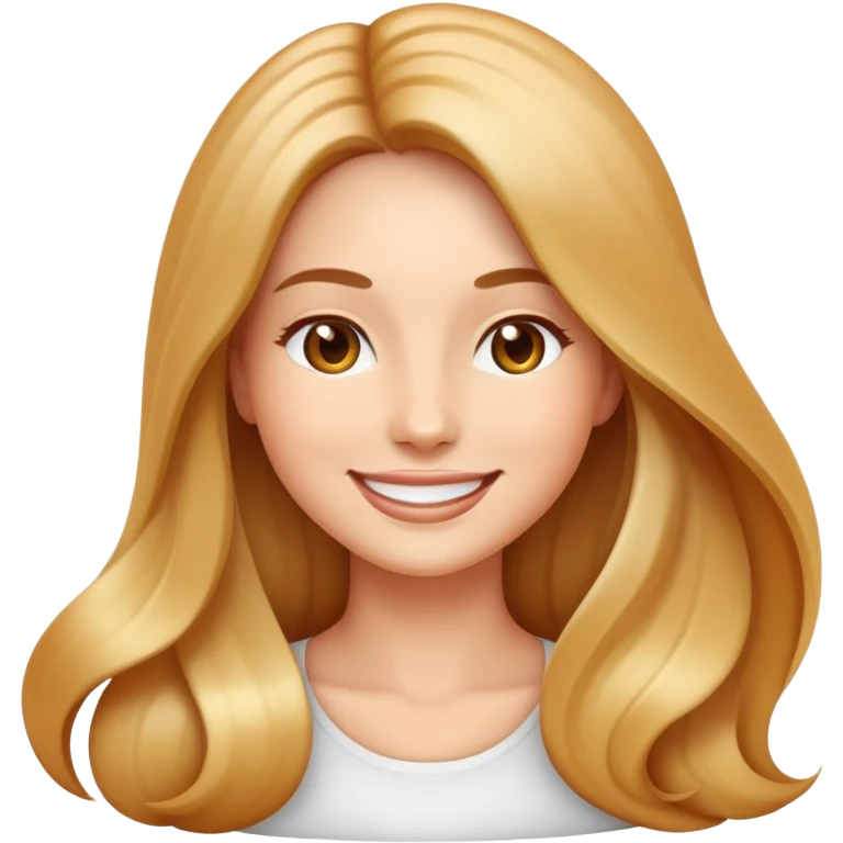 Emoji-style illustration of a beautiful woman with long, shiny, healthy hair, smiling, on a perfectly white rounded background. The emoji should be clean, minimalist, and in high-resolution, similar to Apple emoji style. Her hair should look smooth, soft, and luxurious, symbolizing good hair care. The background should be round and pure white to highlight the face and hair. emoji