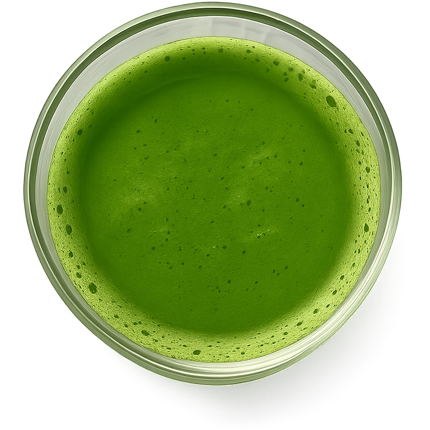 a clear glass of matcha tea, top-down view, bright green tea, transparent glass, clean look emoji