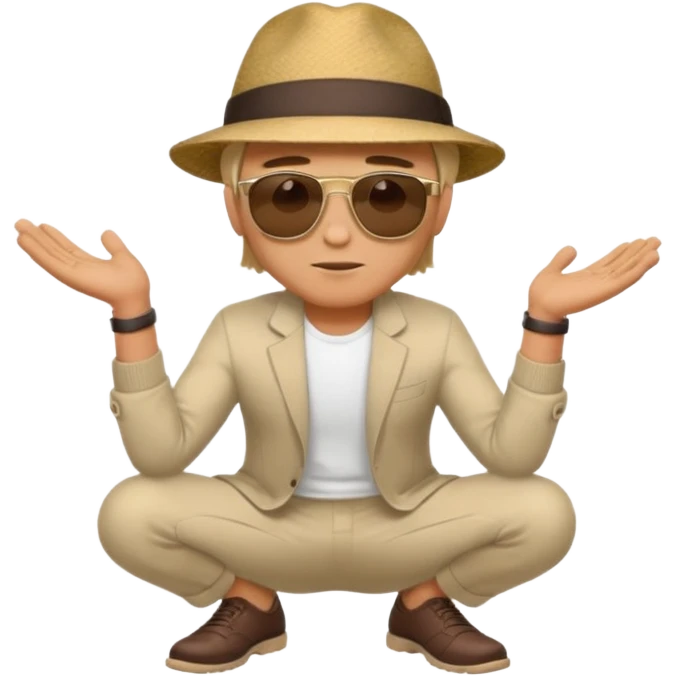 A man squatting down and holdig his hand flat a bit above the ground emoji