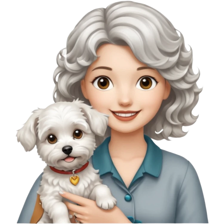silver, short, wavy-haired with loose curls, smiling pretty lady holding a westie dog and a lhasa apso dog emoji