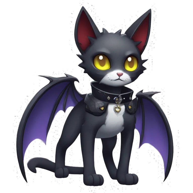   cool edgy beautiful anime-style ethereal dark-punk-themed animal vampiric cat-hybrid Fakemon with fangs and bat-wing-ears with a collar full body emoji