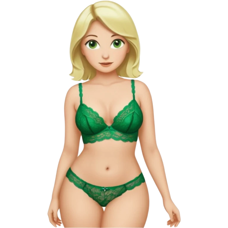 Blonde, green eyed woman with shoulder length hair. She is curvy with a big butt and small breast. She is wearing green lingerie  emoji