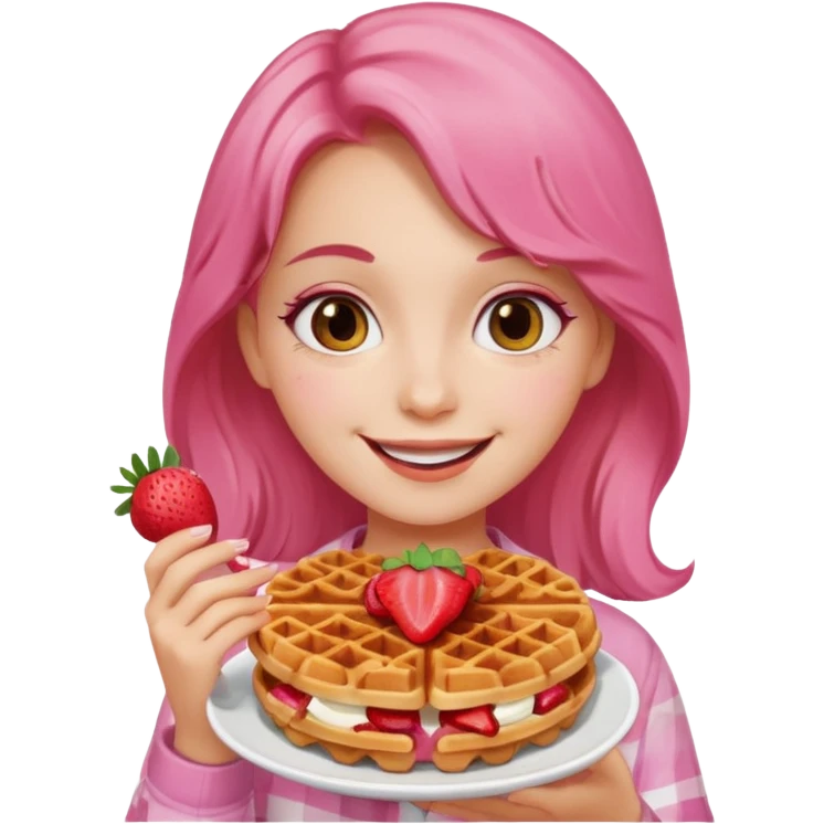 chica sonriente comiendo wafles con frutilla emoji