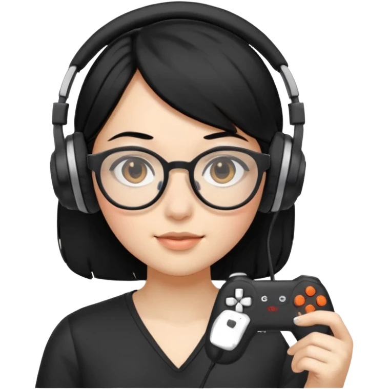 
gamer, black hair girl with glasses, headphone, gamepad emoji