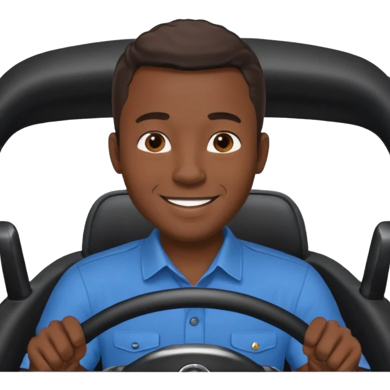 ["Black male driver, wearing a blue shirt, hands on steering wheel."] emoji