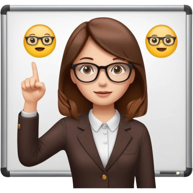 Make an emoji of a girl with brown hair who is teaching how to make emojis on a board pointing to the board like a teacher emoji