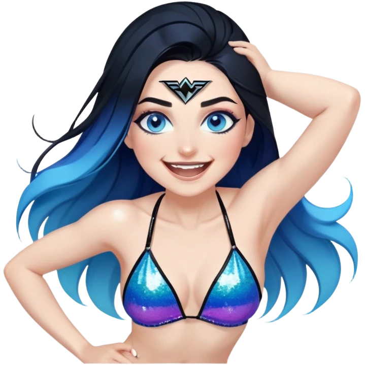 Front view-very very very large chest-head back laughing-bedning-very long straight flowing black to light blue hair ombre-blue eyes-black eyeliner-long eyelashes-iridescent sting bikini top with glitter superman logo-playful emoji