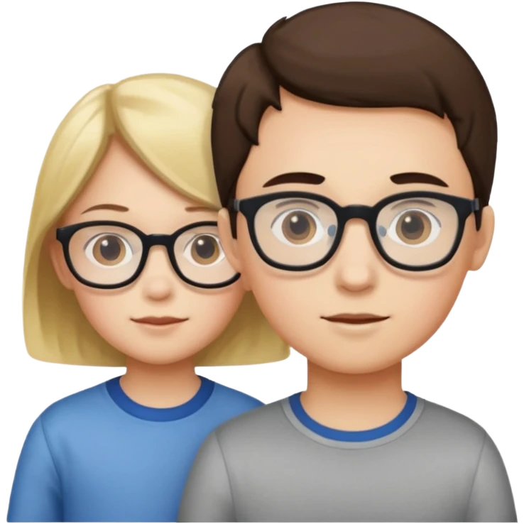 one girl with no glasses, two boys with glasses, young children emoji