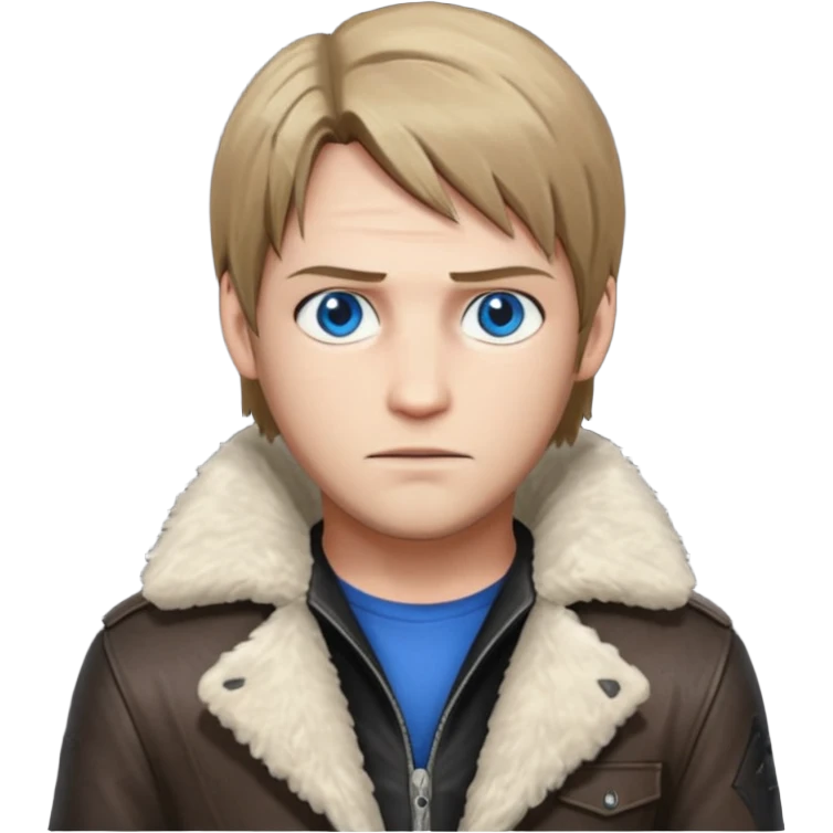 Leon Kennedy from resident evil 4 remake in sheepskin coat and black t-shirt blue eyes emoji