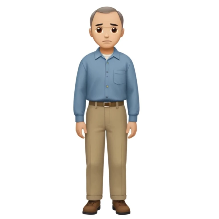 Carl from Sling Blade, serious expression, recognizable features, neutral background, full body, chin sticking out, slouching posture, no glasses, shirt with collar,  side view, the 4th image is good. show his entire body, he is standing. we see him from the side. Not frontal view. Side view emoji