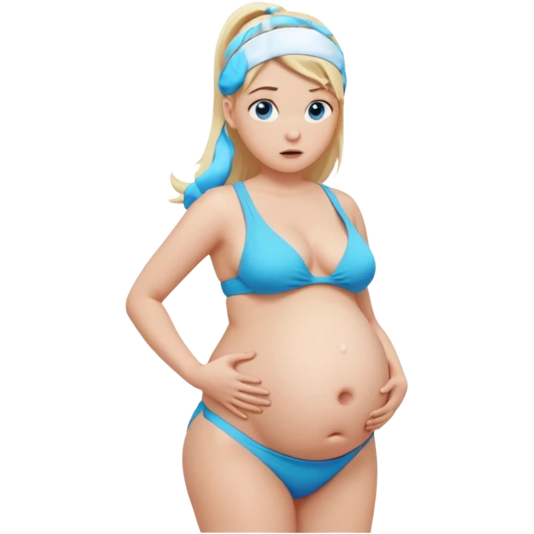 White girl, long blonde ponytail, blue eyes, huge pregnant belly, full body, white bikini, scared expression, front view. emoji