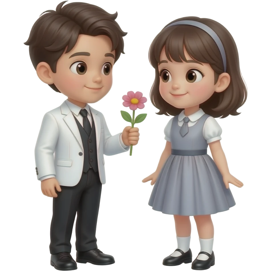 create a 2 young girl and boy, the boy wearing white suit and black vest and wearing a black pants, the girl wearing a skirt, the boy holding a flower for the girl emoji