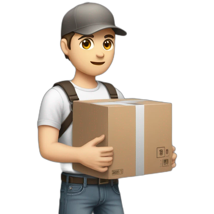 Pale skinned fit Man with dark brown hair in a black cap, gray jeans and brown polo T-shirt keeping a pasted with tape white box into his hands emoji