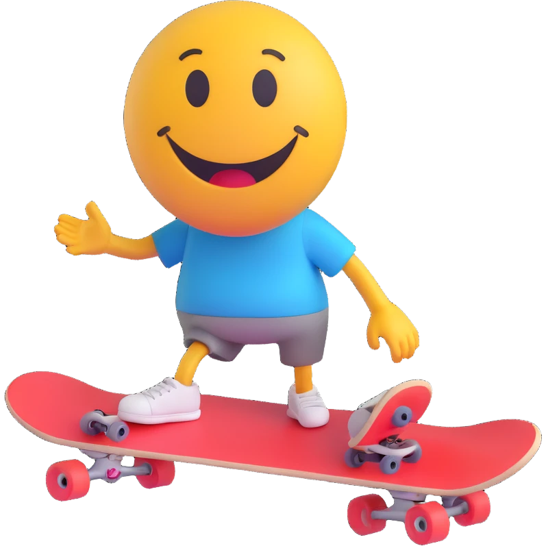 3D smiley emoji, round shape, with skateboard, sporty face emoji
