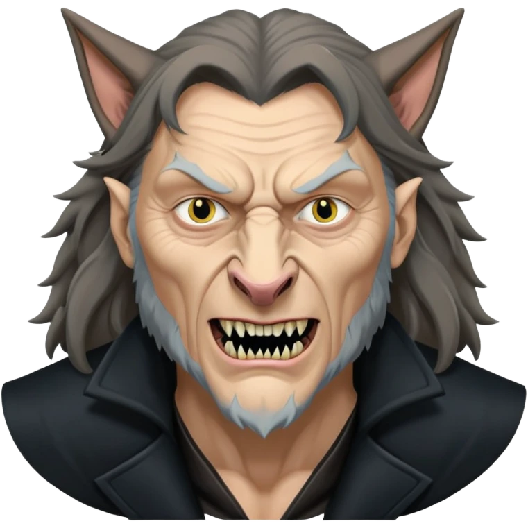 Fenrir Greyback in harry potter, black open chest coat, wolf face, pointed ear, bared teeth emoji