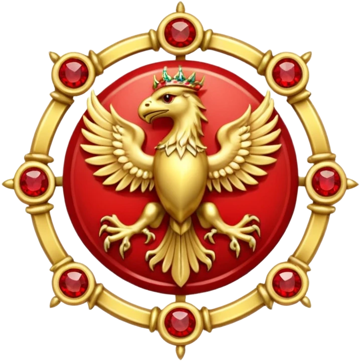 Golden griffin crest / brosch in a circle with red gems and no background emoji