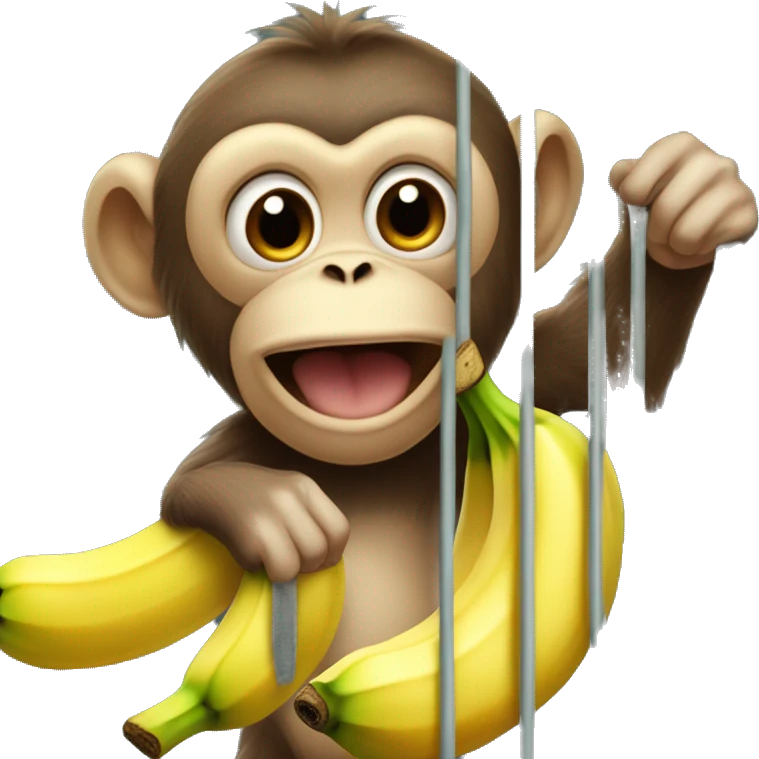 The monkey's outside. Banana inside the cage.  Monkey trying to get the banana out of the cage emoji