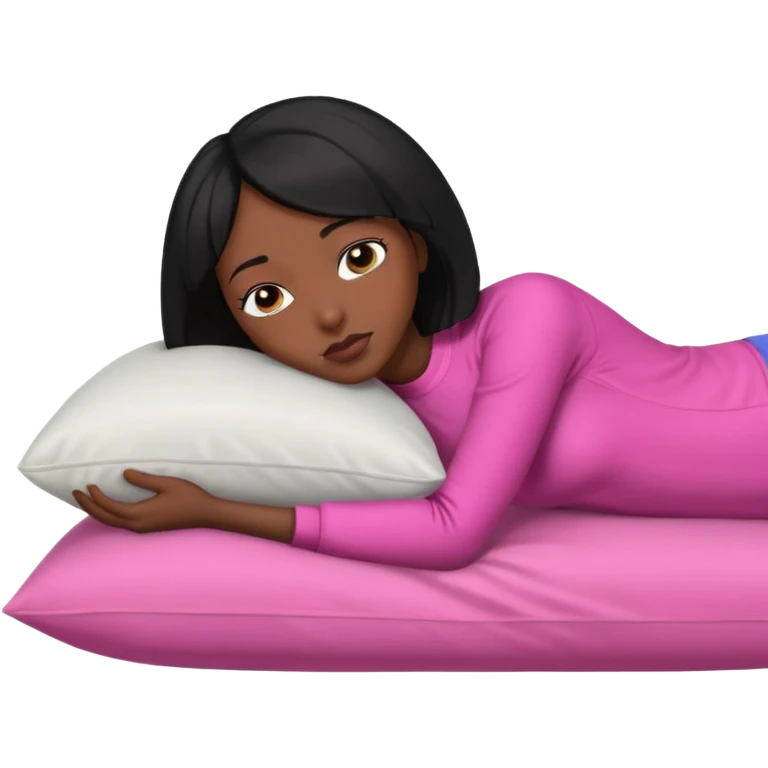 Dark skin woman with black bob in hair wearing pink laying head on pillow  emoji