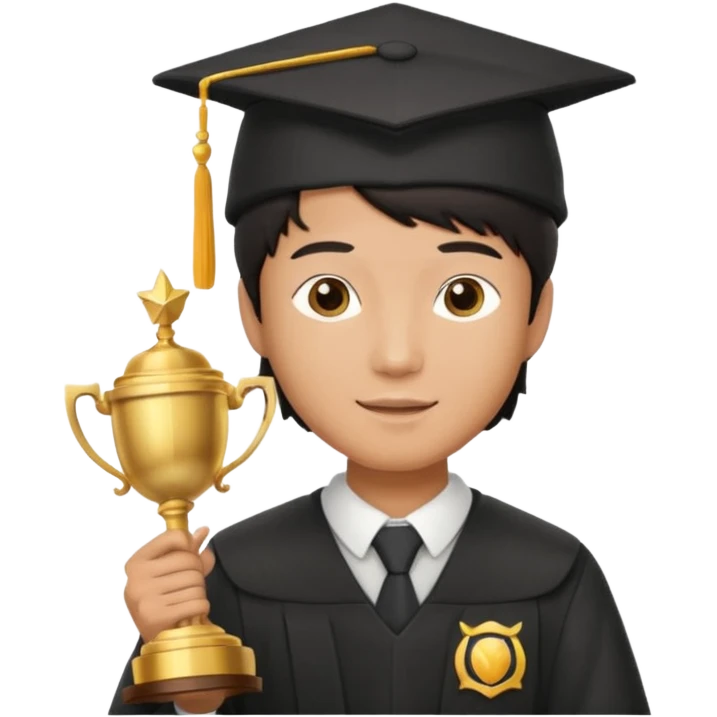 An asian man wearing student hat, holding a trophey emoji