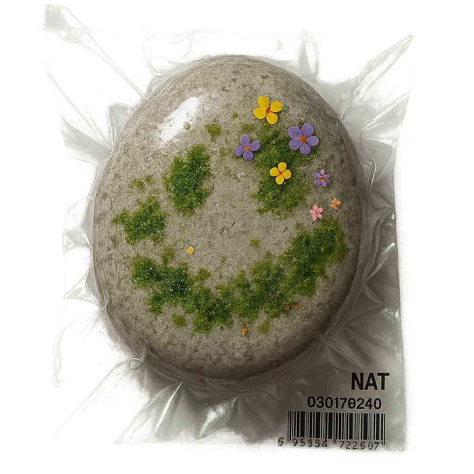 smooth light gray stone with patches of moss and scattered small colorful flowers, glossy emoji