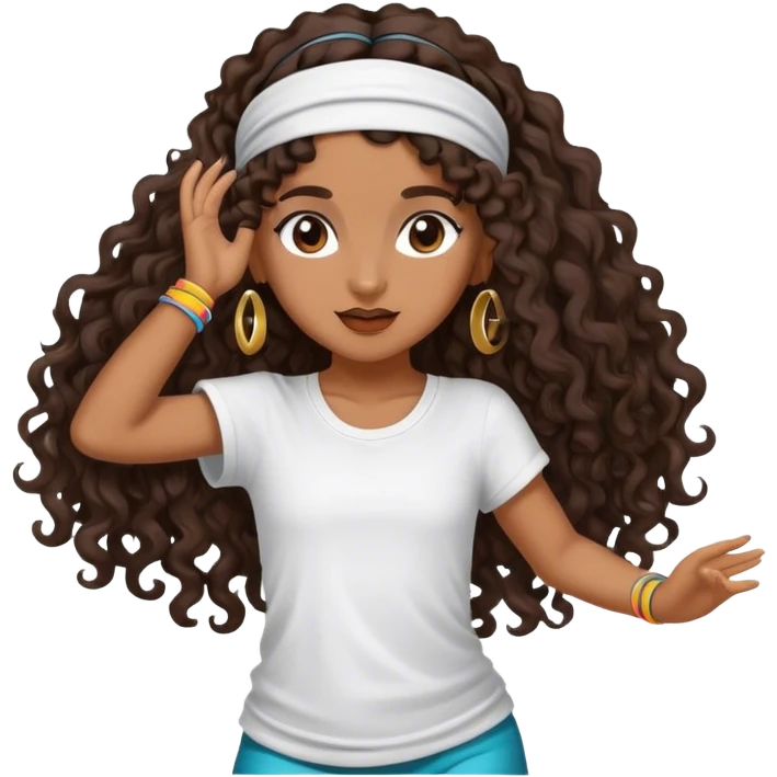 Dancing brown girl with long darn brown curly hair with headband hip hop emoji