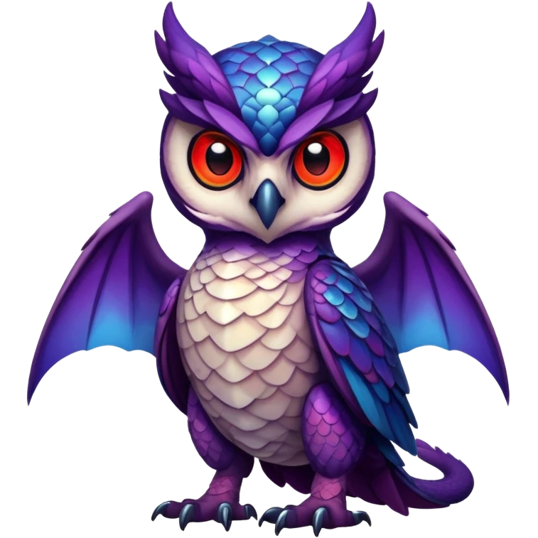 Owl dragon hybrid front facing full body dark purple and blue and red emoji