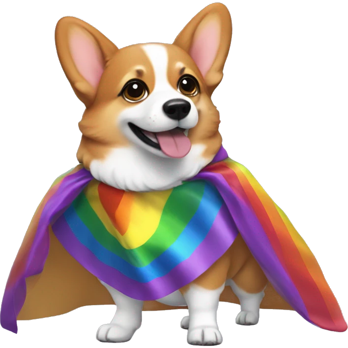A gay corgi wearing a rainbow cape and heels emoji