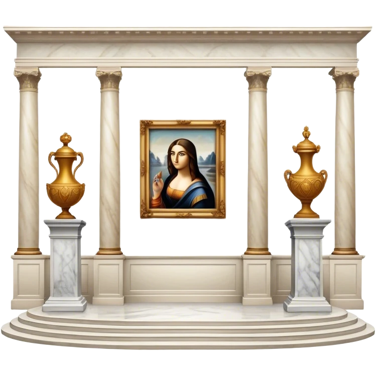 An icon featuring an elegant art gallery with classic paintings hanging on the walls, and sculptures displayed on pedestals. Visitors admire the exhibits, capturing the essence of culture, history, and art. Set against a transparent background. emoji