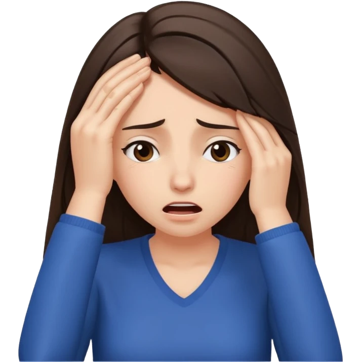 female pulling her hair with stressed face, face palm, brunette emoji