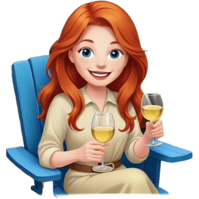 Laughing redhead with long hair and blue eyes holding white wine sitting in chair beside fire pit emoji