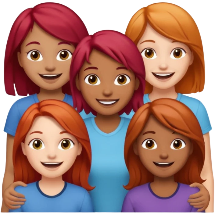 4 inclusive friends (3 girls and 1 man) laughing : 1 man must be brown, 1 girl have to have red hair, an other one must have blond hair and the last one is brown and have brown hair emoji