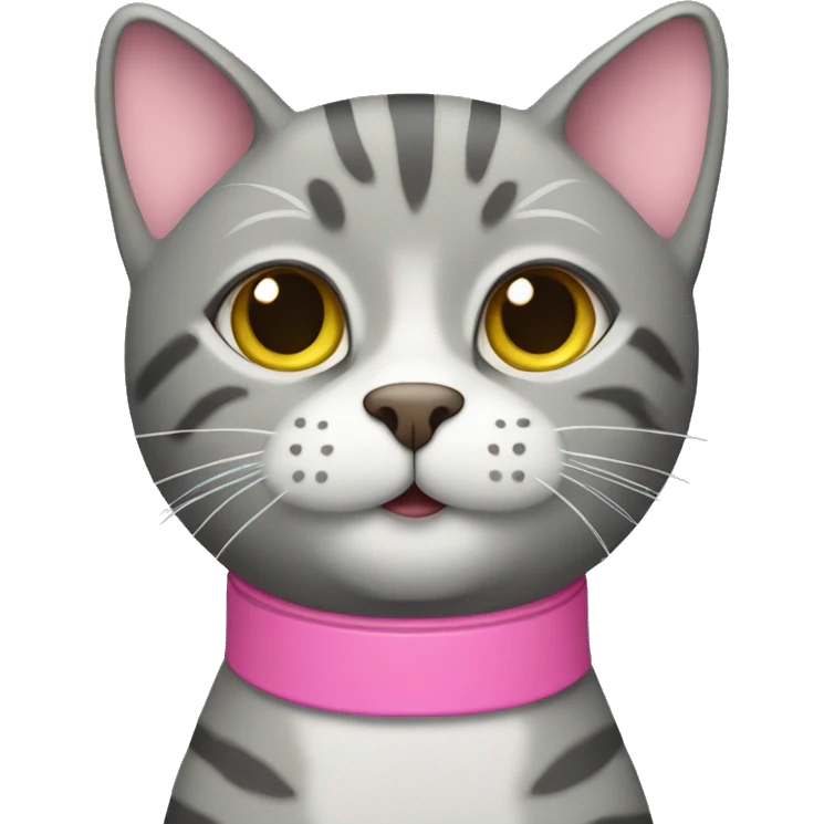 Grey tabby cat with a pink collar emoji